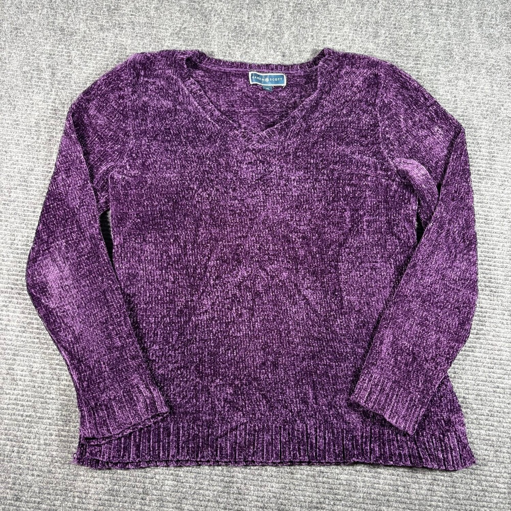 Karen Scott Sweater Women PXL Purple Excellent Chenille V-Neck Long Sleeve Soft